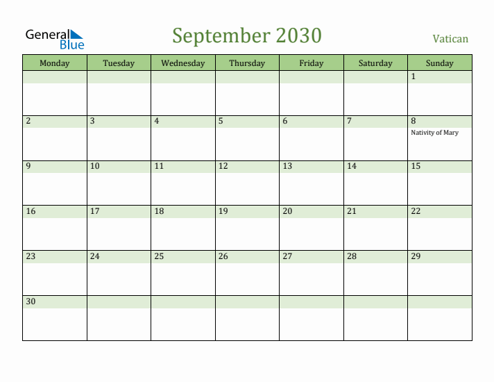 September 2030 Calendar with Vatican Holidays