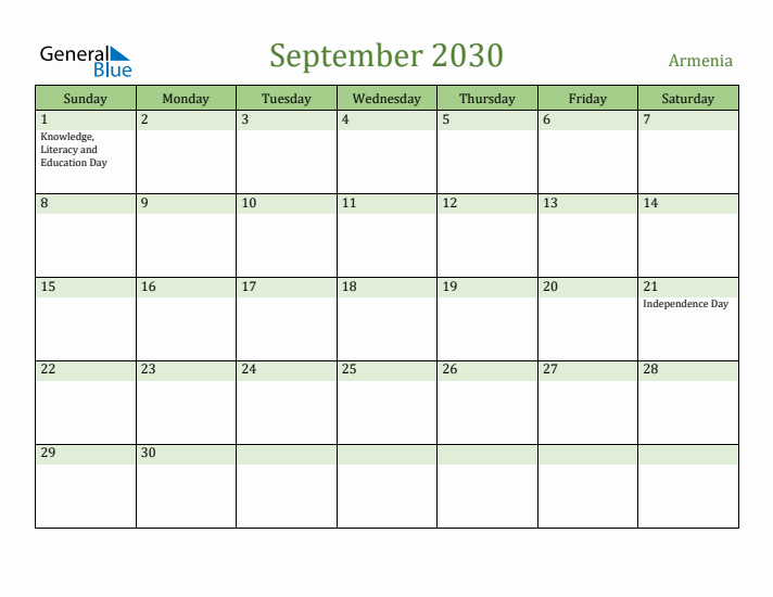 September 2030 Calendar with Armenia Holidays