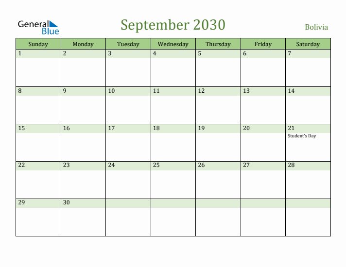 September 2030 Calendar with Bolivia Holidays