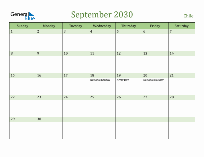 September 2030 Calendar with Chile Holidays