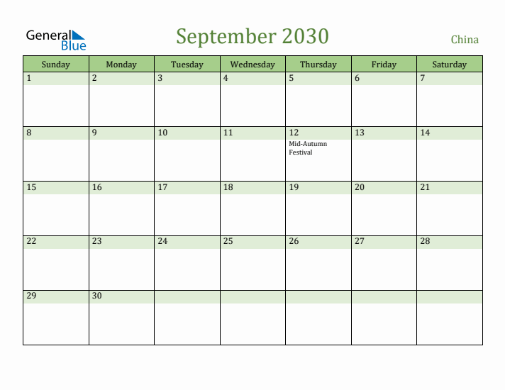 September 2030 Calendar with China Holidays