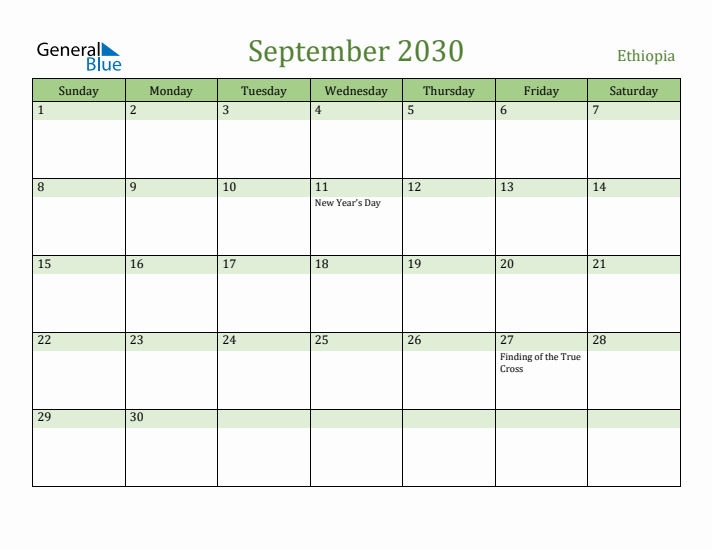 September 2030 Calendar with Ethiopia Holidays