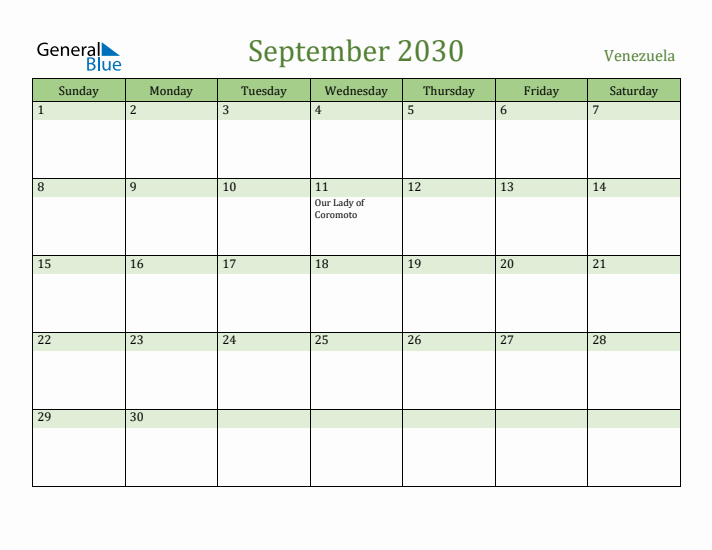 September 2030 Calendar with Venezuela Holidays