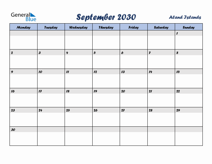 September 2030 Calendar with Holidays in Aland Islands