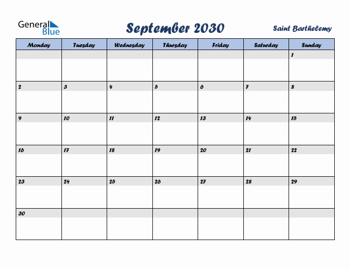 September 2030 Calendar with Holidays in Saint Barthelemy