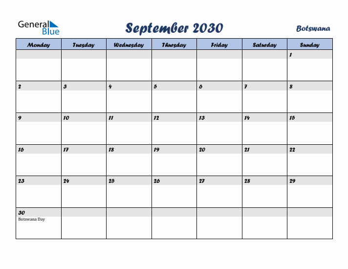 September 2030 Calendar with Holidays in Botswana