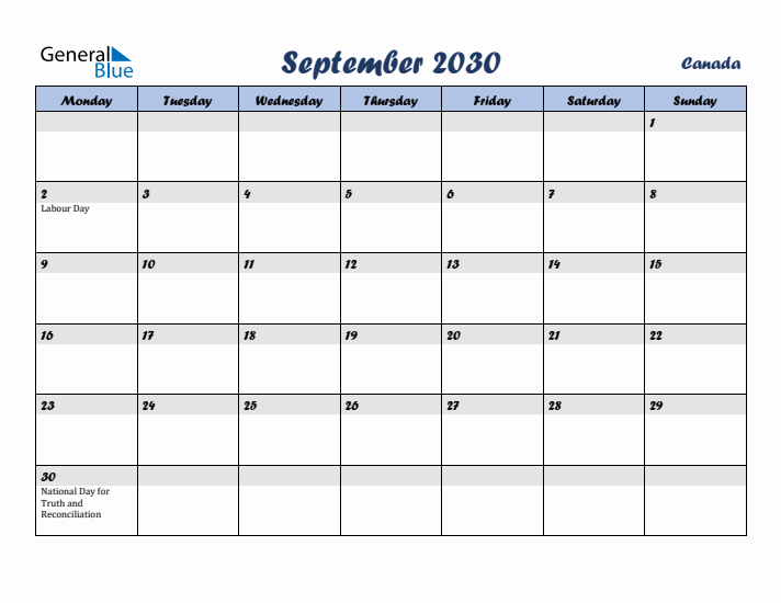 September 2030 Calendar with Holidays in Canada