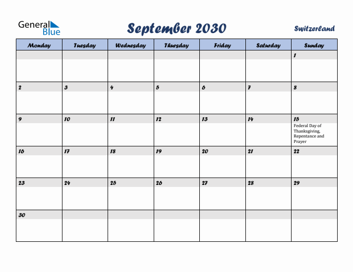 September 2030 Calendar with Holidays in Switzerland