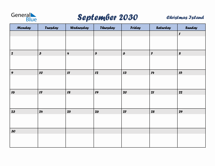 September 2030 Calendar with Holidays in Christmas Island