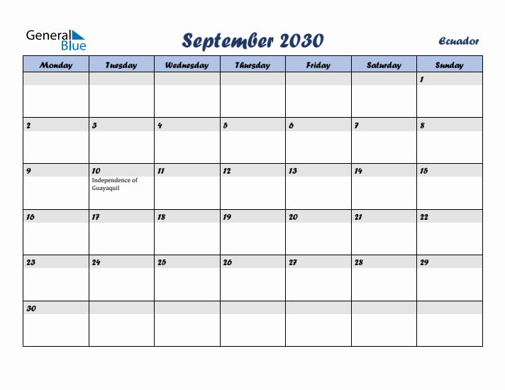 September 2030 Calendar with Holidays in Ecuador