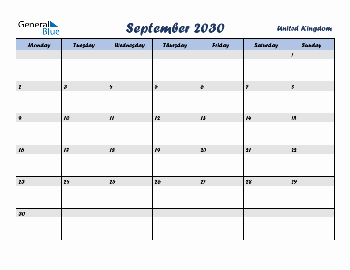 September 2030 Calendar with Holidays in United Kingdom