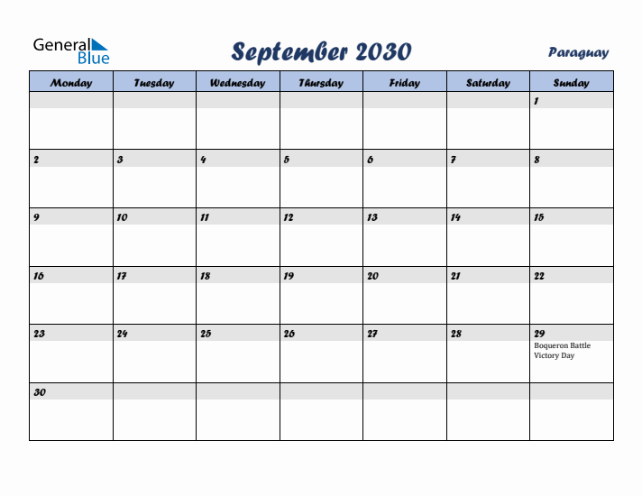 September 2030 Calendar with Holidays in Paraguay