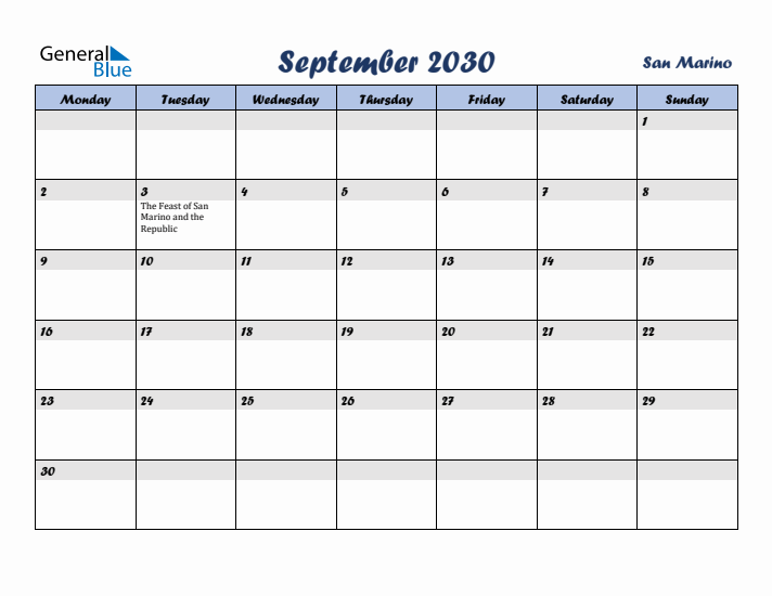 September 2030 Calendar with Holidays in San Marino