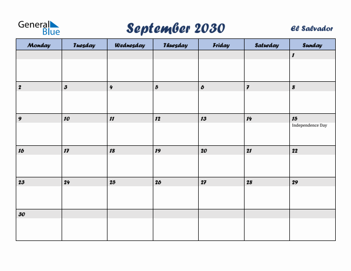 September 2030 Calendar with Holidays in El Salvador