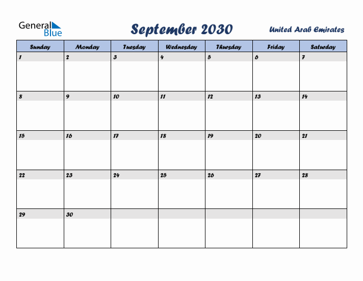 September 2030 Calendar with Holidays in United Arab Emirates