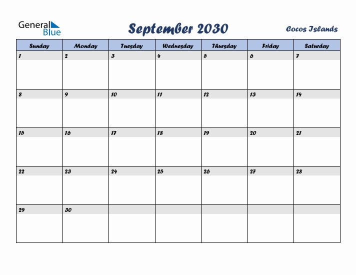 September 2030 Calendar with Holidays in Cocos Islands