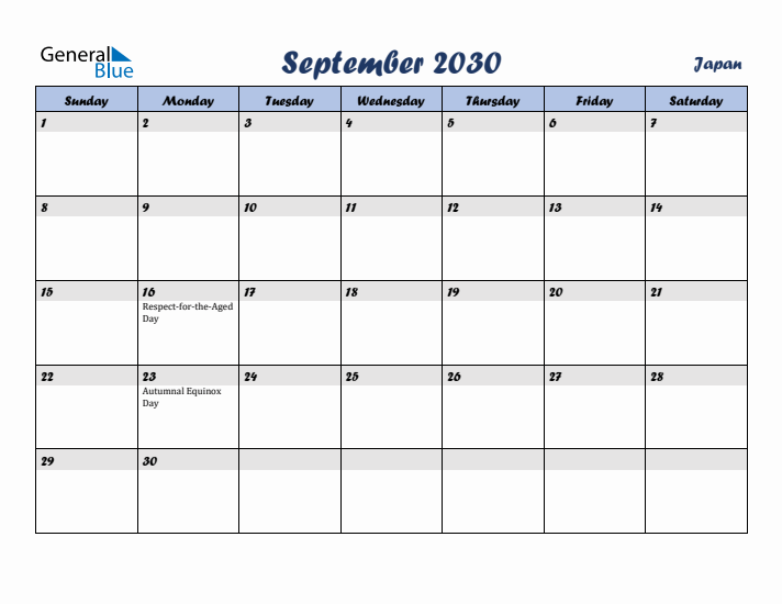 September 2030 Calendar with Holidays in Japan