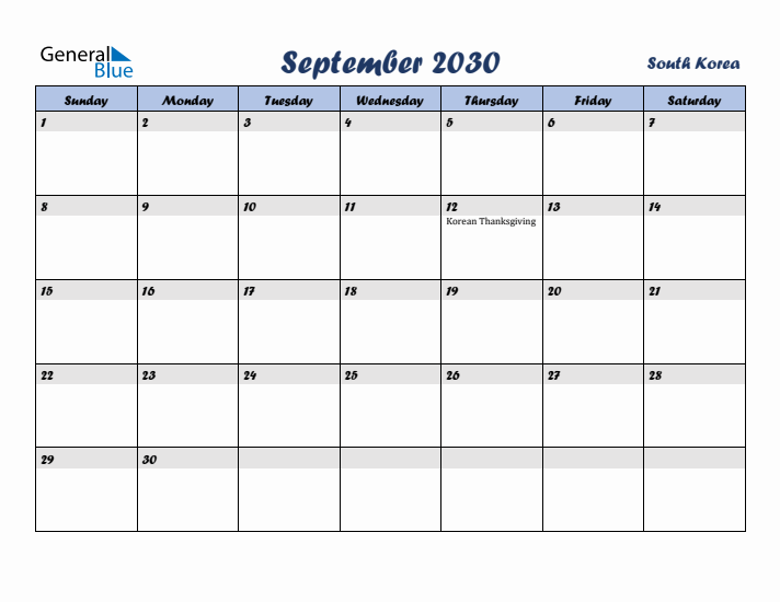 September 2030 Calendar with Holidays in South Korea