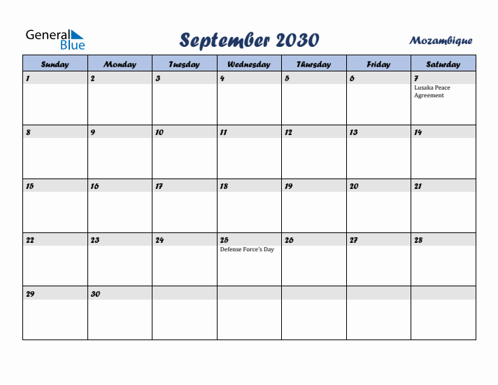 September 2030 Calendar with Holidays in Mozambique