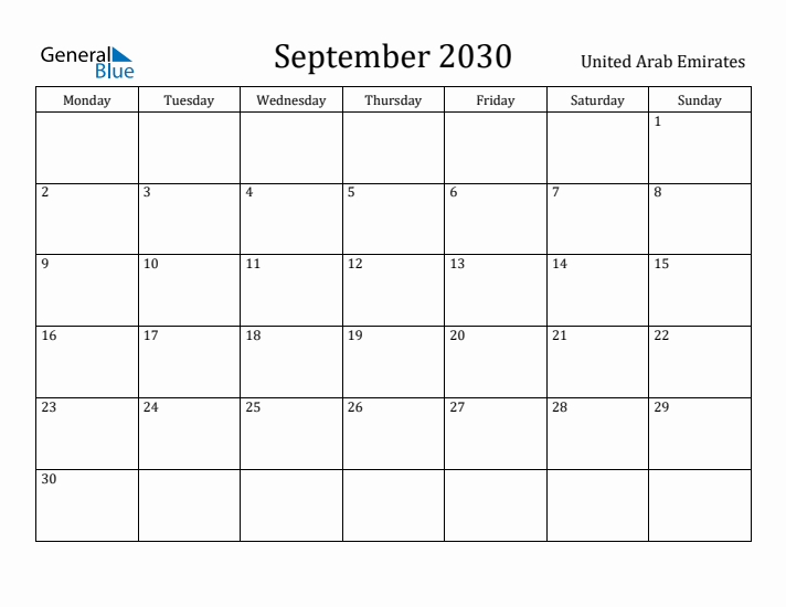 September 2030 Calendar United Arab Emirates