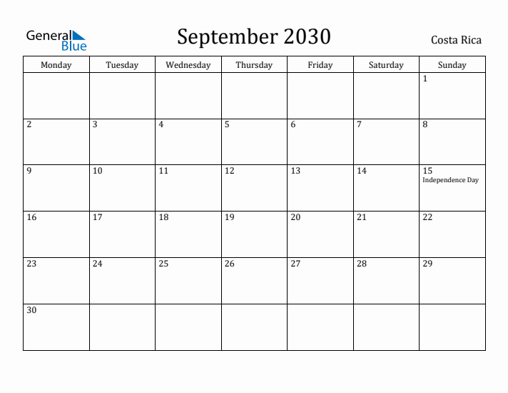 September 2030 Calendar Costa Rica