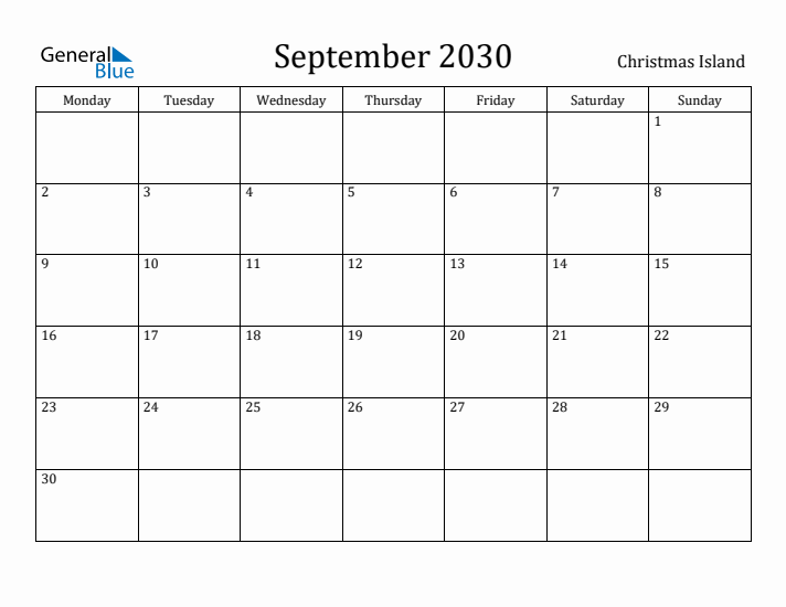 September 2030 Calendar Christmas Island