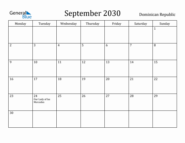 September 2030 Calendar Dominican Republic