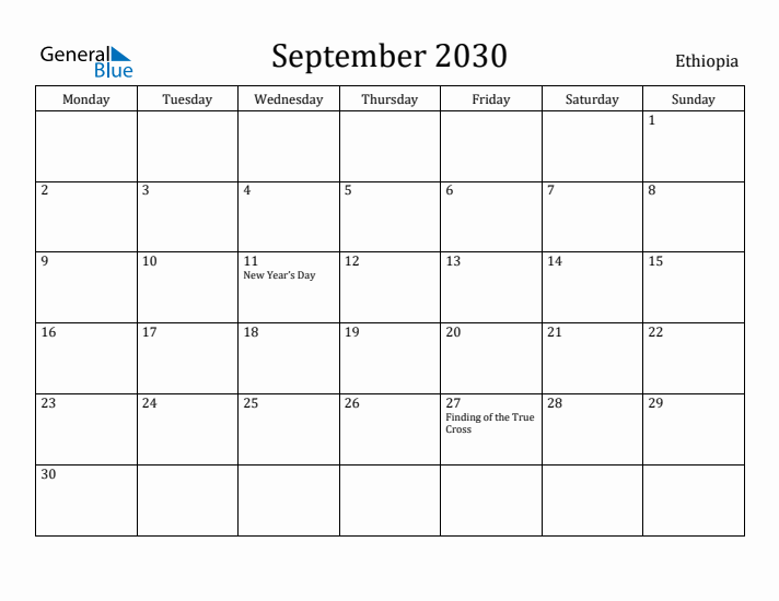 September 2030 Calendar Ethiopia