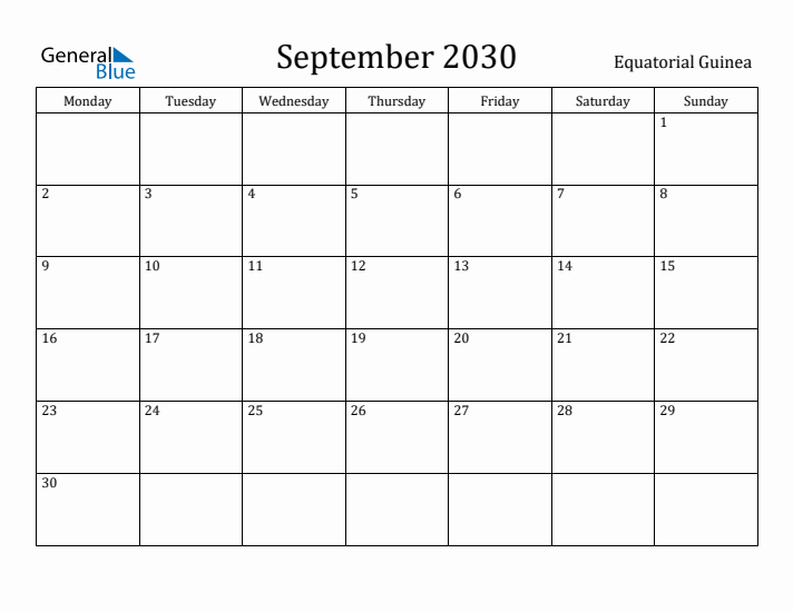 September 2030 Calendar Equatorial Guinea