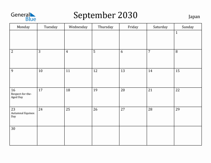 September 2030 Calendar Japan