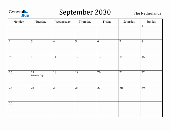 September 2030 Calendar The Netherlands