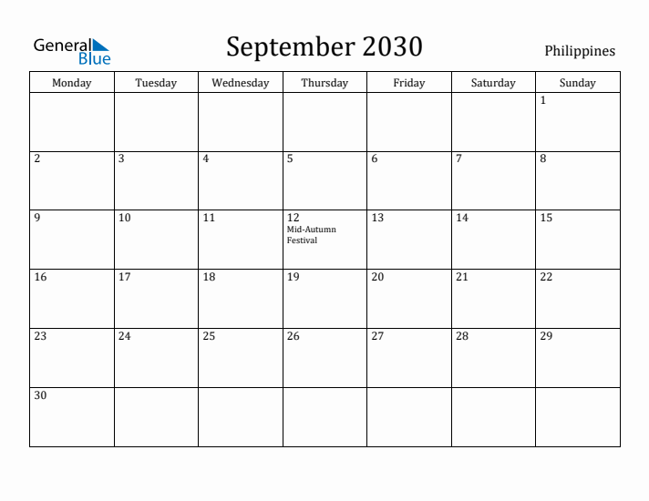 September 2030 Calendar Philippines