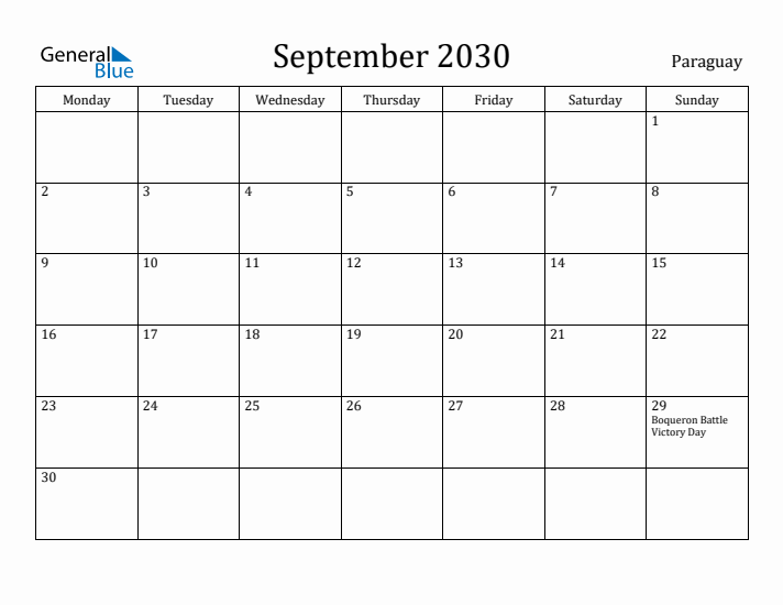 September 2030 Calendar Paraguay