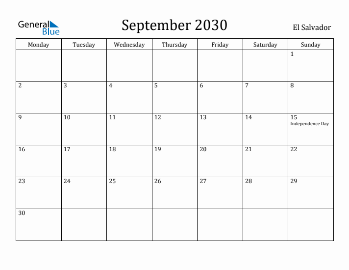 September 2030 Calendar El Salvador