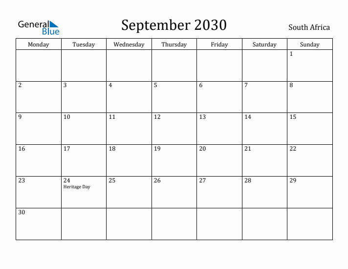 September 2030 Calendar South Africa