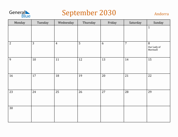 September 2030 Holiday Calendar with Monday Start