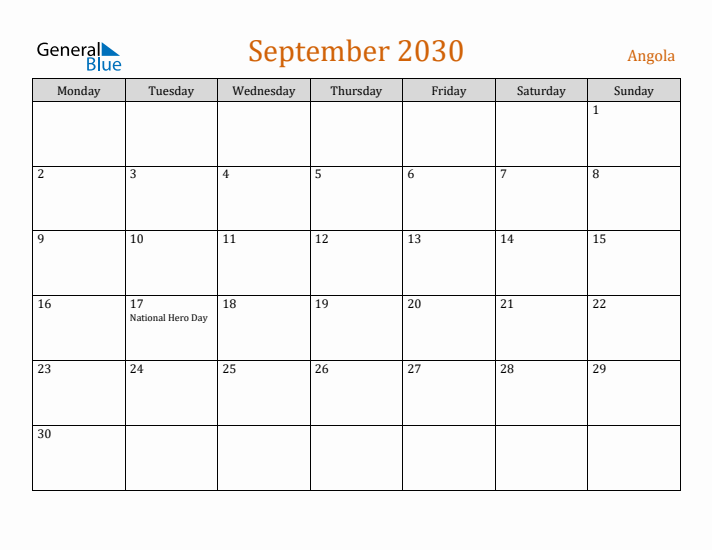 September 2030 Holiday Calendar with Monday Start