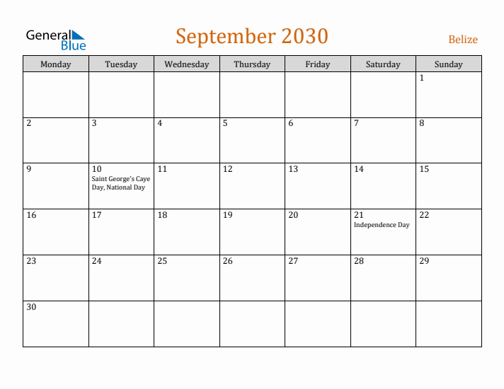 September 2030 Holiday Calendar with Monday Start