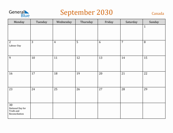 September 2030 Holiday Calendar with Monday Start