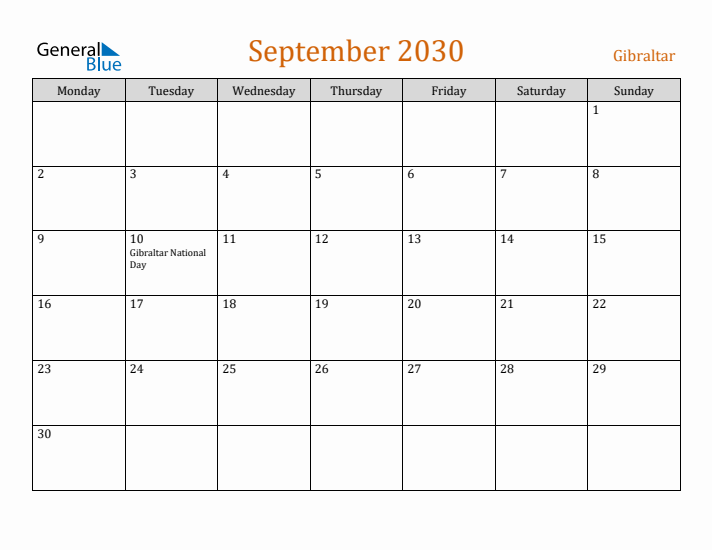 September 2030 Holiday Calendar with Monday Start