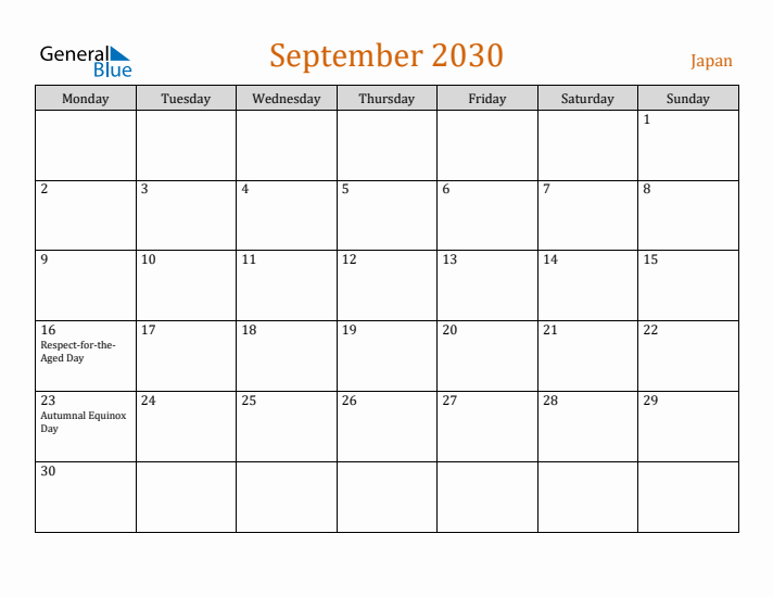 September 2030 Holiday Calendar with Monday Start