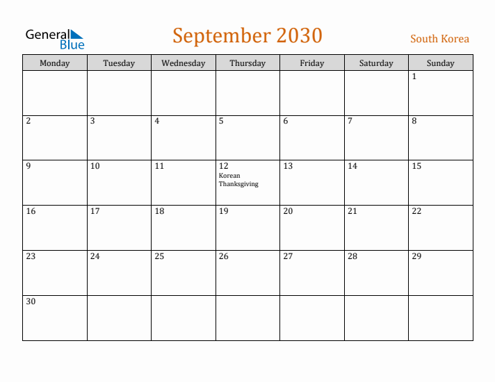 September 2030 Holiday Calendar with Monday Start