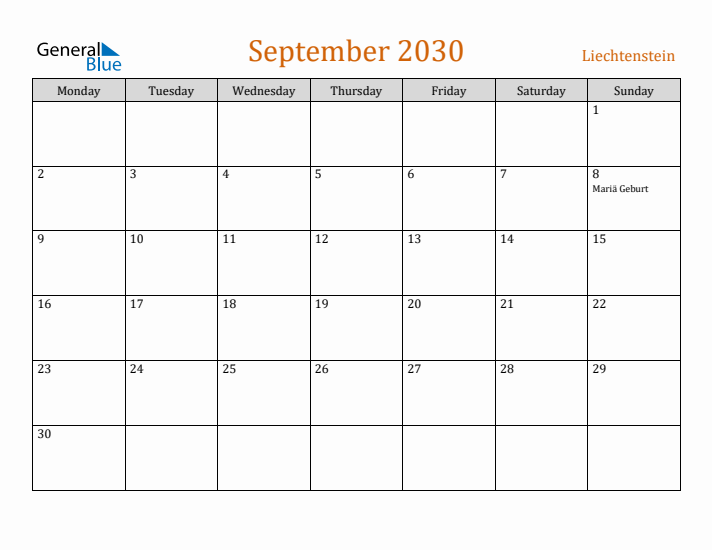 September 2030 Holiday Calendar with Monday Start