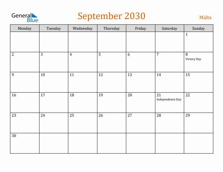 September 2030 Holiday Calendar with Monday Start