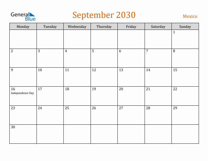 September 2030 Holiday Calendar with Monday Start