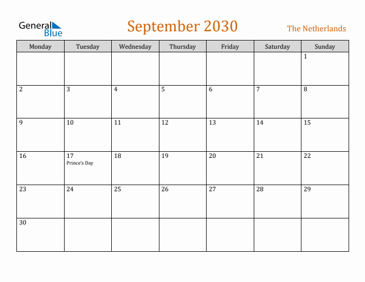 September 2030 Holiday Calendar with Monday Start