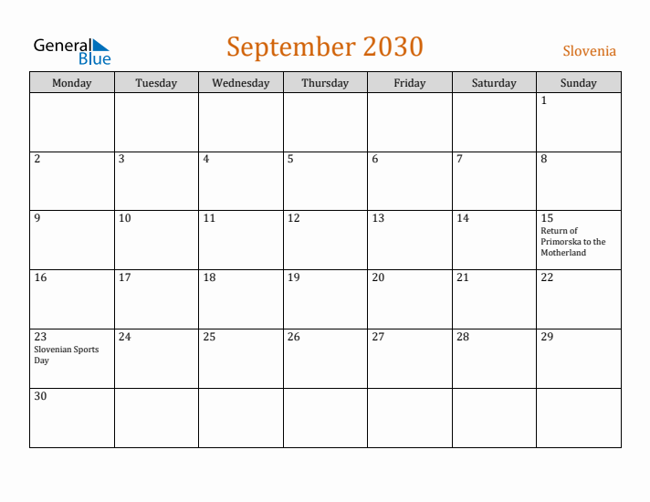 September 2030 Holiday Calendar with Monday Start