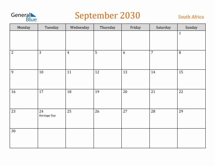 September 2030 Holiday Calendar with Monday Start