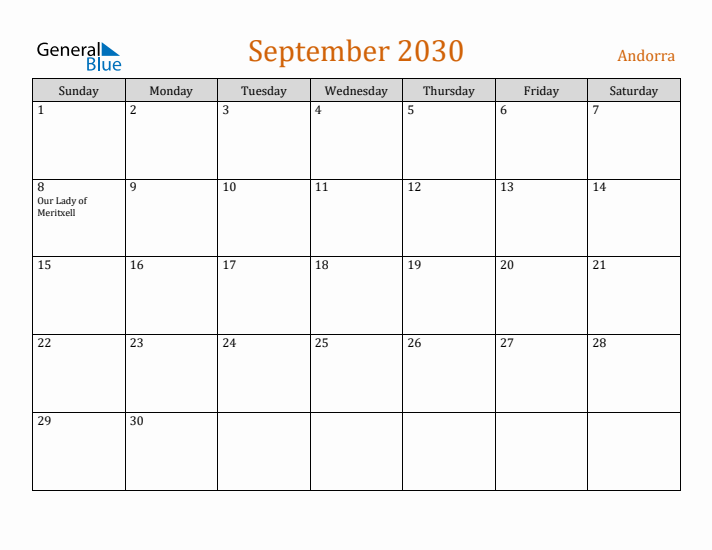 September 2030 Holiday Calendar with Sunday Start