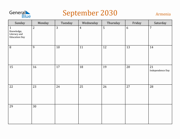 September 2030 Holiday Calendar with Sunday Start